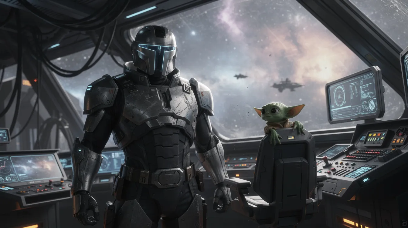 Ein gepanzerter Krieger mit T-Visier-Helm steht im Cockpit eines Raumschiffs, während ein kleines grünes Wesen neugierig aus dem Fenster in den Weltraum blickt. Diese Szene erinnert an die Abenteuer aus dem Star Wars Universum, wo Helden und ungewöhnliche Figuren gemeinsam durch die Galaxie reisen.