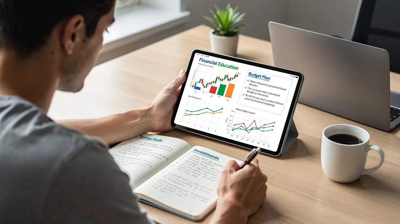 A person is studying financial education materials on a tablet, surrounded by notes and charts that illustrate various concepts of crypto trading, such as leverage trading and margin trading. The scene reflects the importance of educational resources for both new traders and experienced crypto traders in navigating the complexities of trading platforms and managing risk exposure.