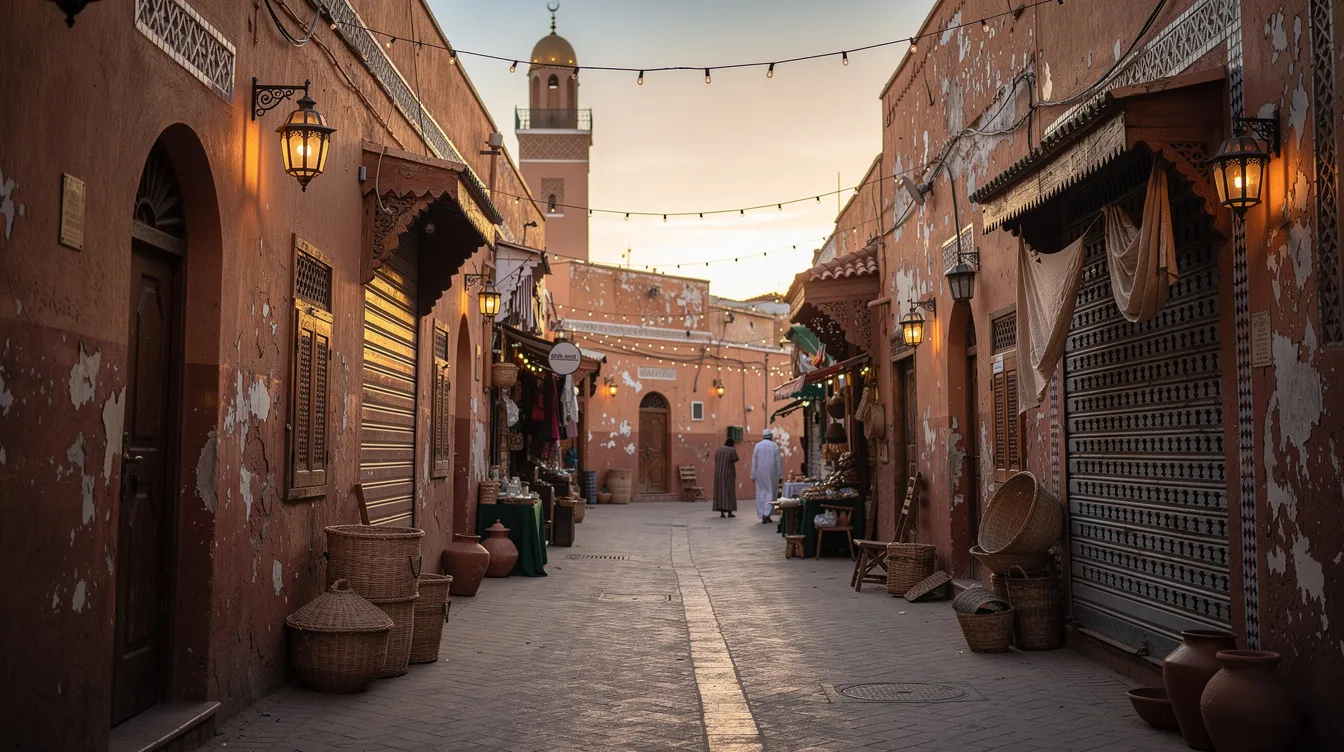 A quiet street in a Moroccan medina just before sunset during Ramadan, with shops lining the cobblestone path and the warm glow of evening light. Families gather to prepare for the evening meal, as the aroma of street food stalls fills the air, embodying the rich Moroccan culture and the spirit of the holy month.