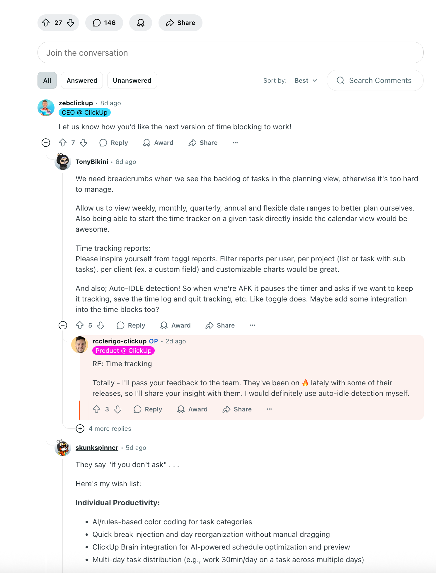 Beispiel für die Nutzung von Reddit für Marketingzwecke: Zeb Evans, CEO von ClickUp, auf Reddit
