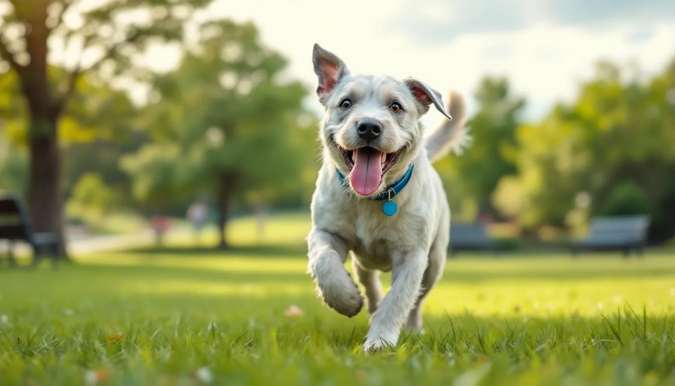 A joyful senior dog is running energetically in a park, showcasing its remarkable joint mobility and vitality. This scene highlights the importance of maintaining joint health and supporting senior dogs with joint supplements to ease any occasional stiffness or discomfort.