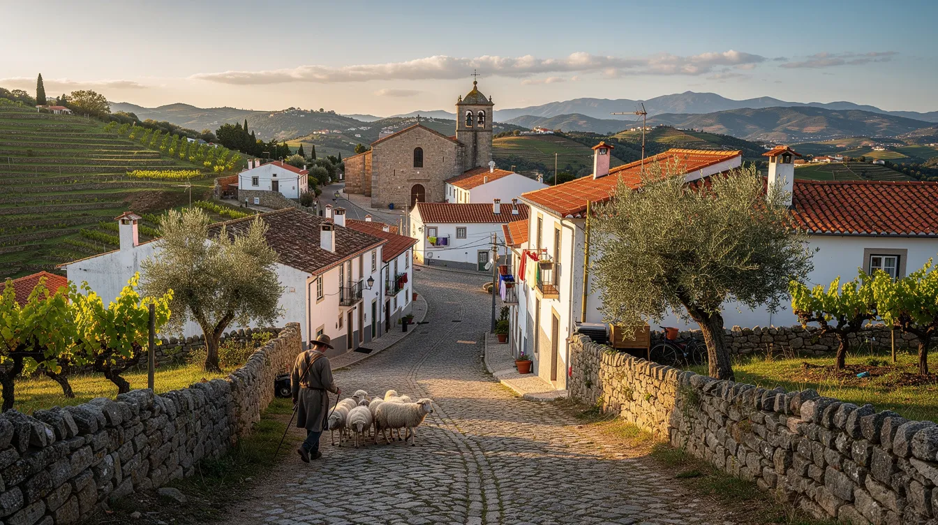 A imagem retrata uma pitoresca cidade de pastores em Portugal, com casas tradicionais e um cenário rural encantador. O lugar é conhecido por sua ligação com as aparições de Nossa Senhora do Rosário, atraindo visitantes em busca de experiências espirituais e passeios pela região de Fátima e Aljustrel.