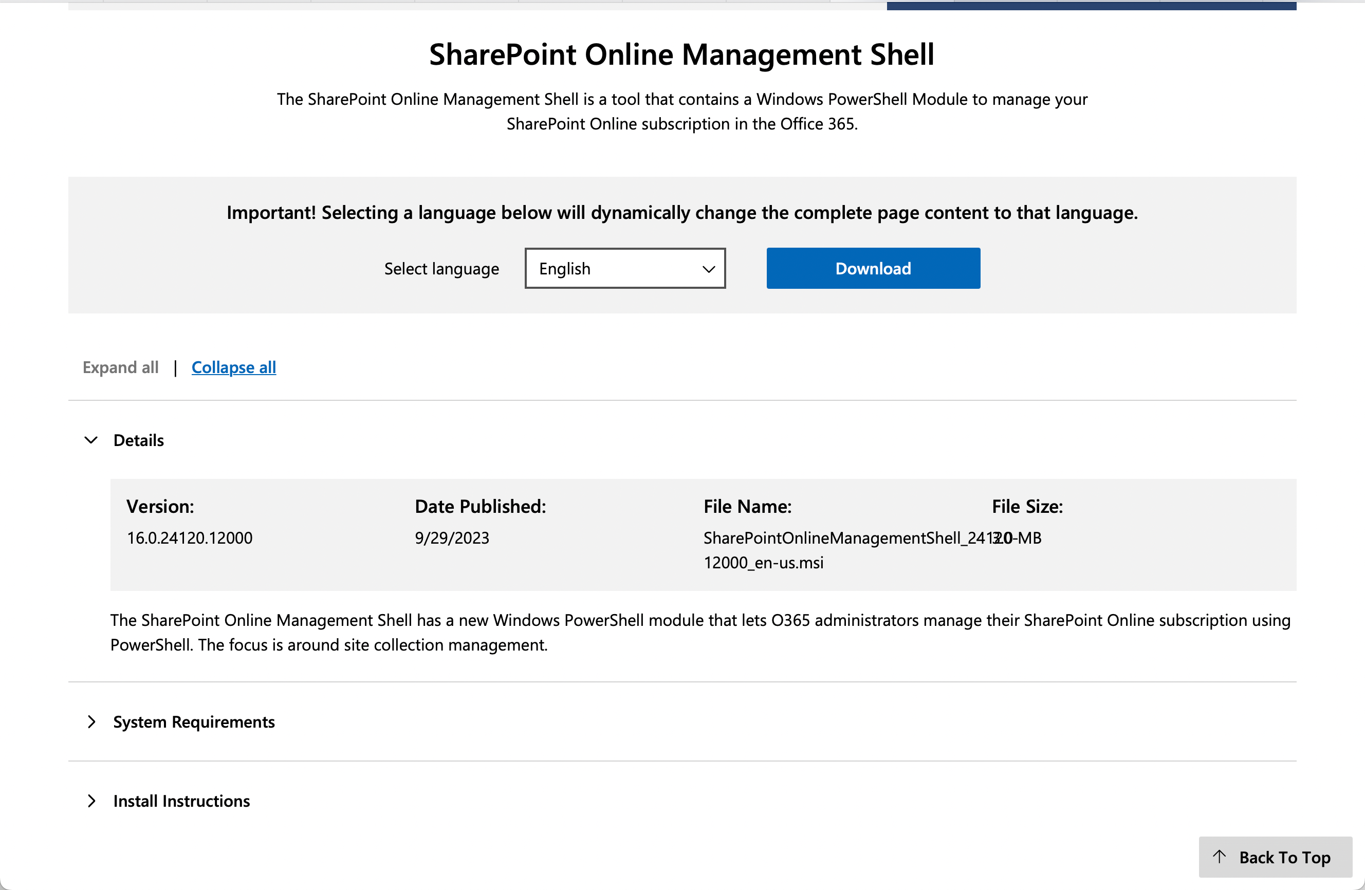 SharePoint Online Management Shell download page
