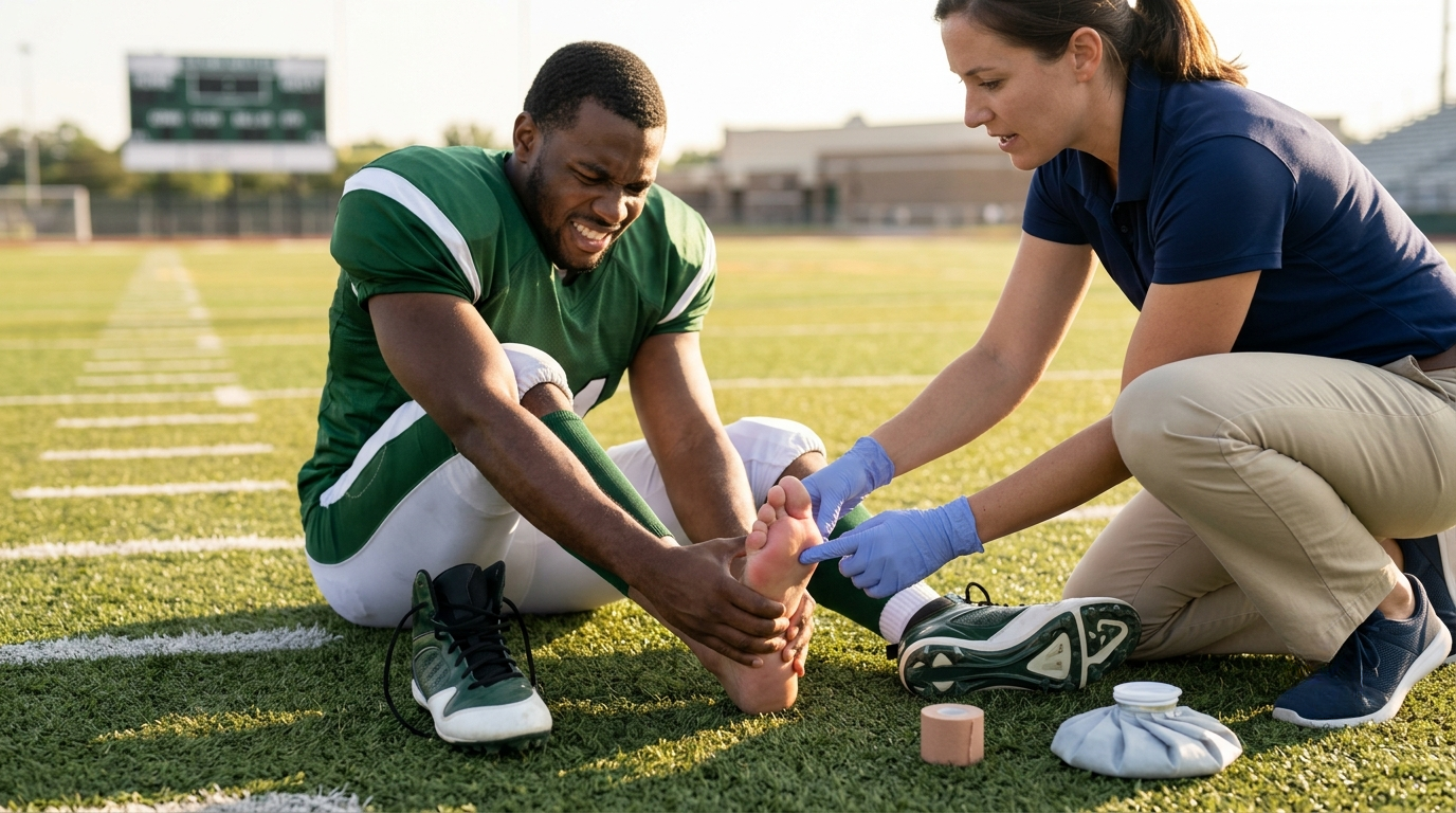 Athletic trainer treating a football player's foot injury on the field