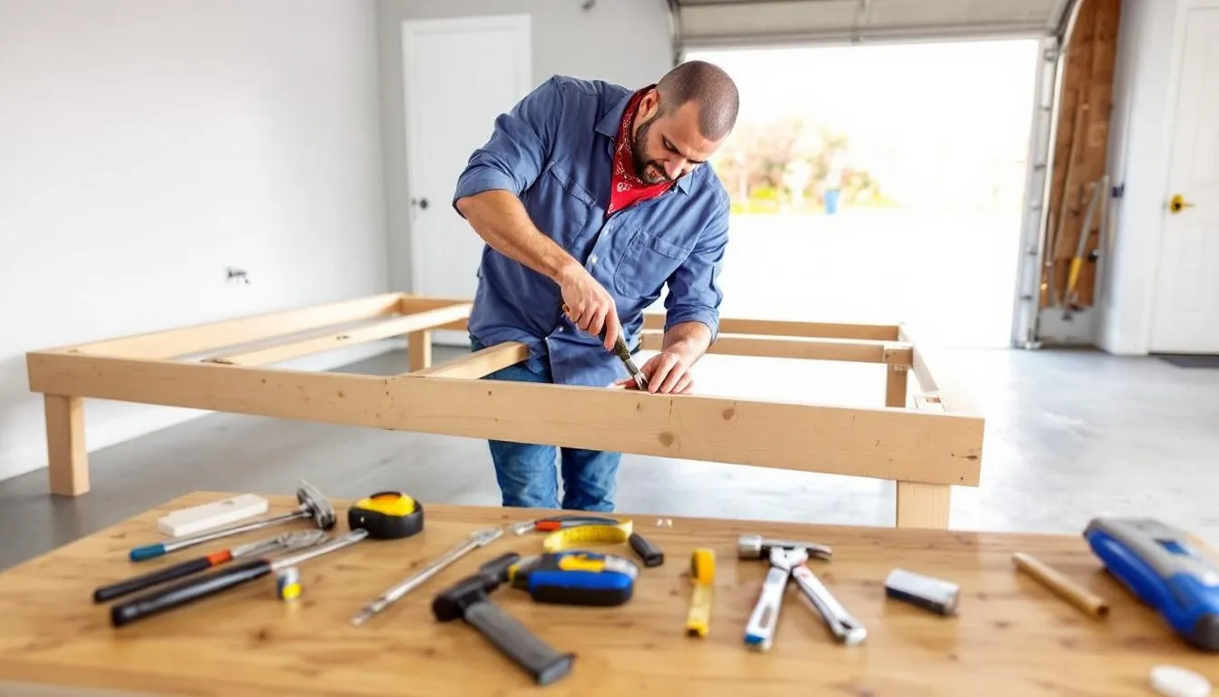 A person is assembling a double bed frame, with various tools neatly laid out nearby, indicating the process of creating a perfect double bed. The scene highlights the focus on assembling bedroom furniture, emphasising the importance of a sturdy bed frame for a comfortable sleep experience.