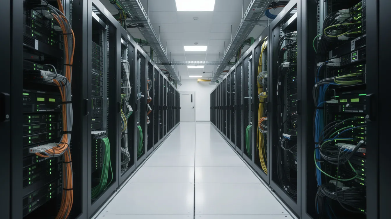 The image depicts a secure server room illuminated by green LED lights, showcasing organized cable management that facilitates efficient business operations. This environment supports complex data handling and the development of internal tools, ensuring robust functionality for client-facing systems and custom portals.