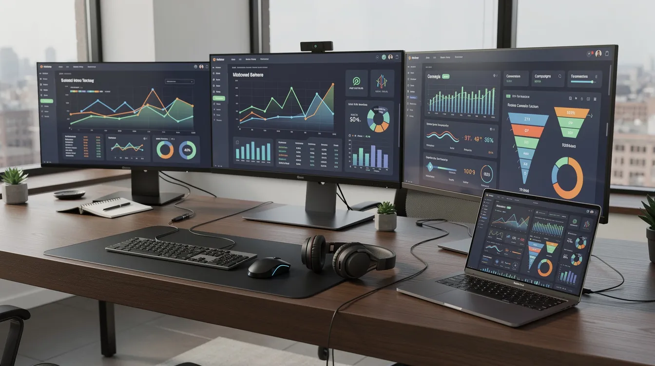 The image depicts a modern office workspace featuring multiple computer monitors displaying various analytics dashboards and marketing data, illustrating a collaborative environment for deploying autonomous AI agents and managing complex tasks. The setup emphasizes the integration of technology in a professional setting, highlighting the importance of responsible AI and multi-agent collaboration.