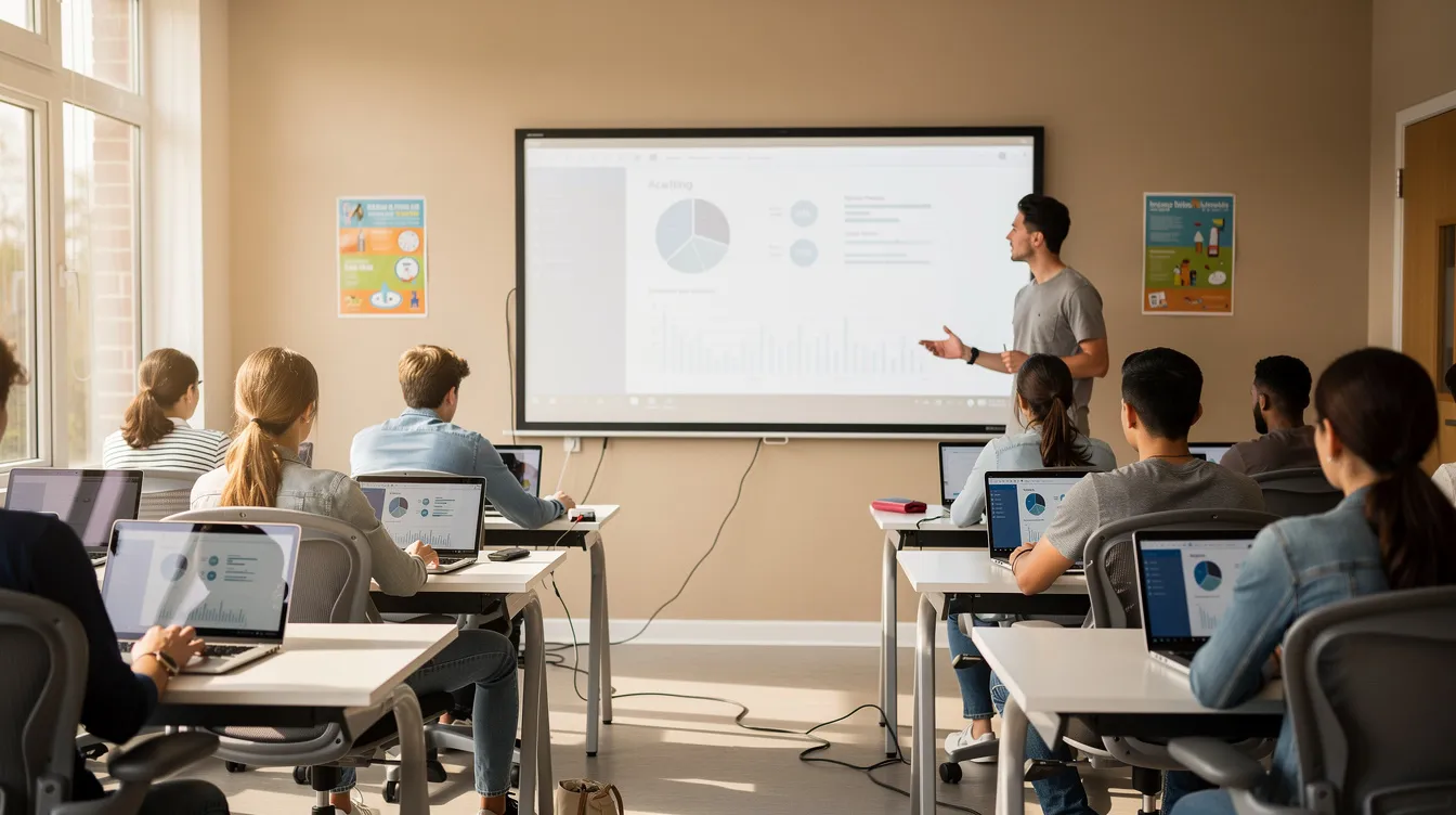 Zdjęcie przedstawia nowoczesną klasę, w której uczniowie siedzą przy biurkach z laptopami. W tle znajduje się interaktywna tablica, a młodzi ludzie wydają się być zaangażowani w naukę.