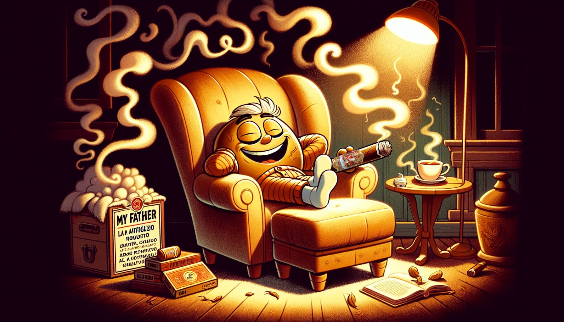 A cartoon depicting a robust My Father La Antiguedad Robusto cigar being enjoyed by a relaxed smoker.