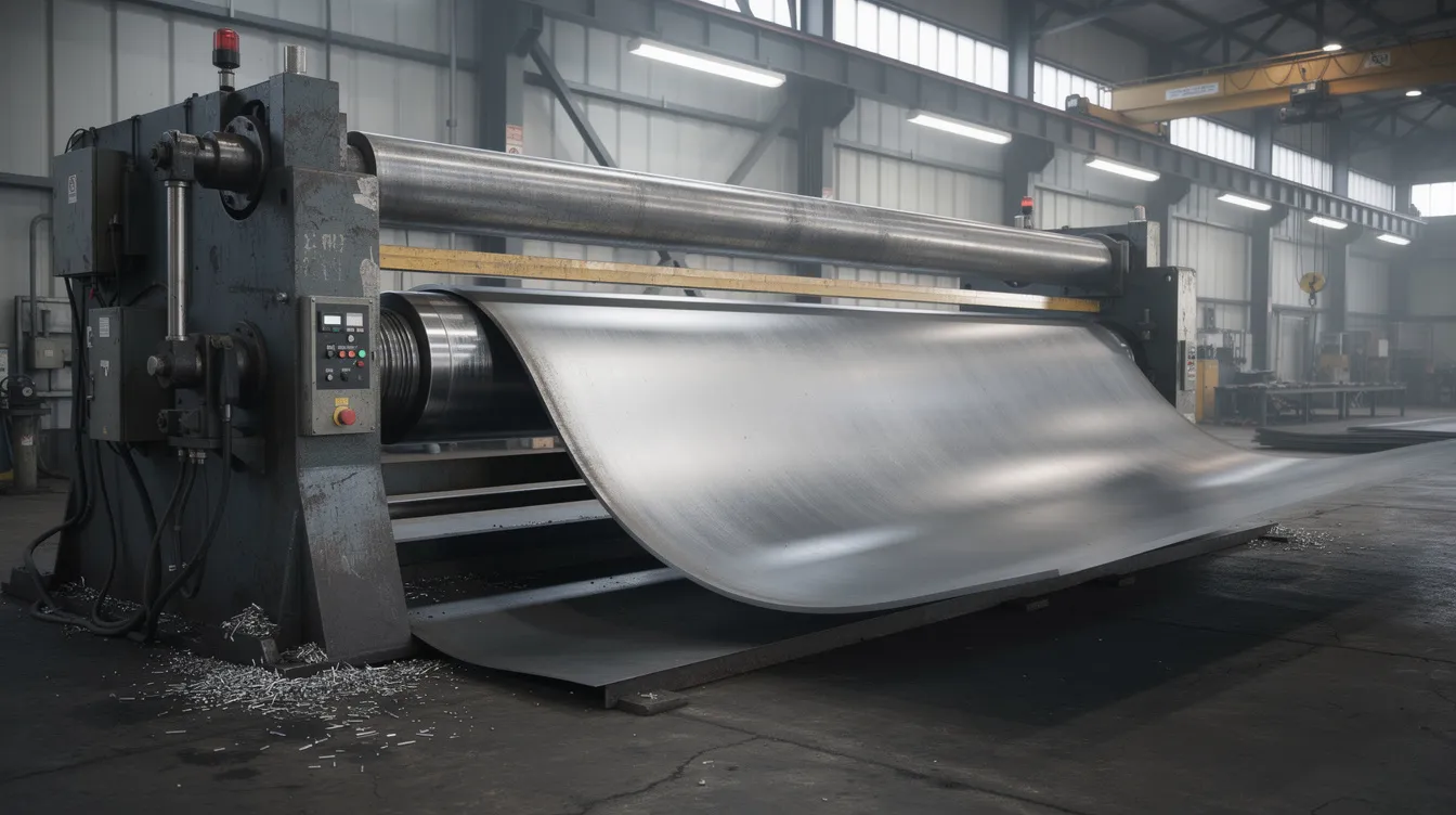 An industrial three-roller bending machine is in operation, forming a large curved metal plate in a factory setting. The bending process showcases the precise manipulation of sheet metal, demonstrating the machine's ability to achieve varying bend angles and desired bend radii for effective metal fabrication.