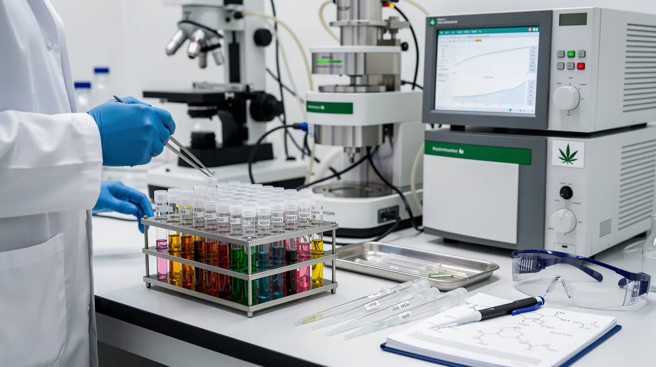 The image showcases a well-organized laboratory setting filled with various scientific instruments and testing vials, all designed for cannabinoid analysis, including delta 8 THC. The equipment reflects a commitment to purity and potency, emphasizing third-party lab testing to ensure quality and safety for users exploring industrial hemp products.