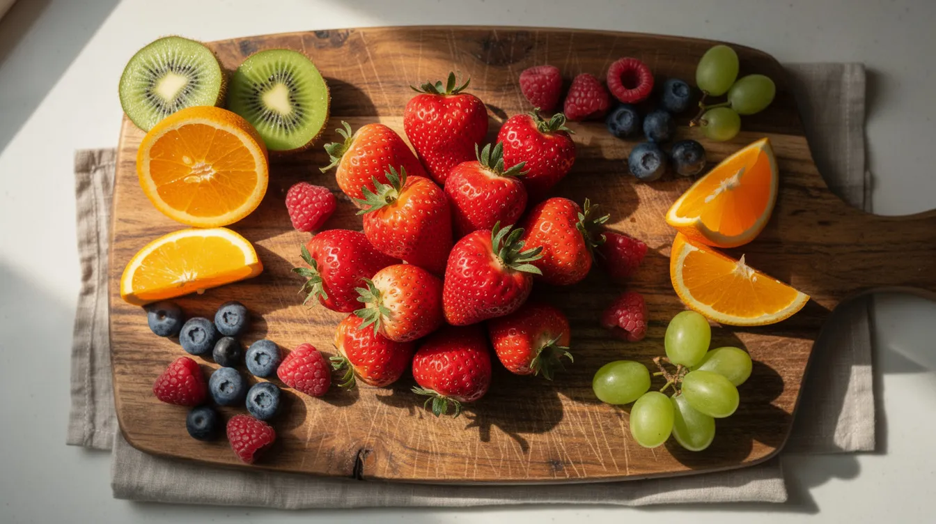 A wooden cutting board is beautifully arranged with fresh strawberries and a variety of colorful fruits, showcasing their vibrant hues and natural textures. This visually appealing display highlights the importance of dietary intake in promoting antioxidant properties and overall health, which may contribute to longevity and the reduction of age-related diseases.