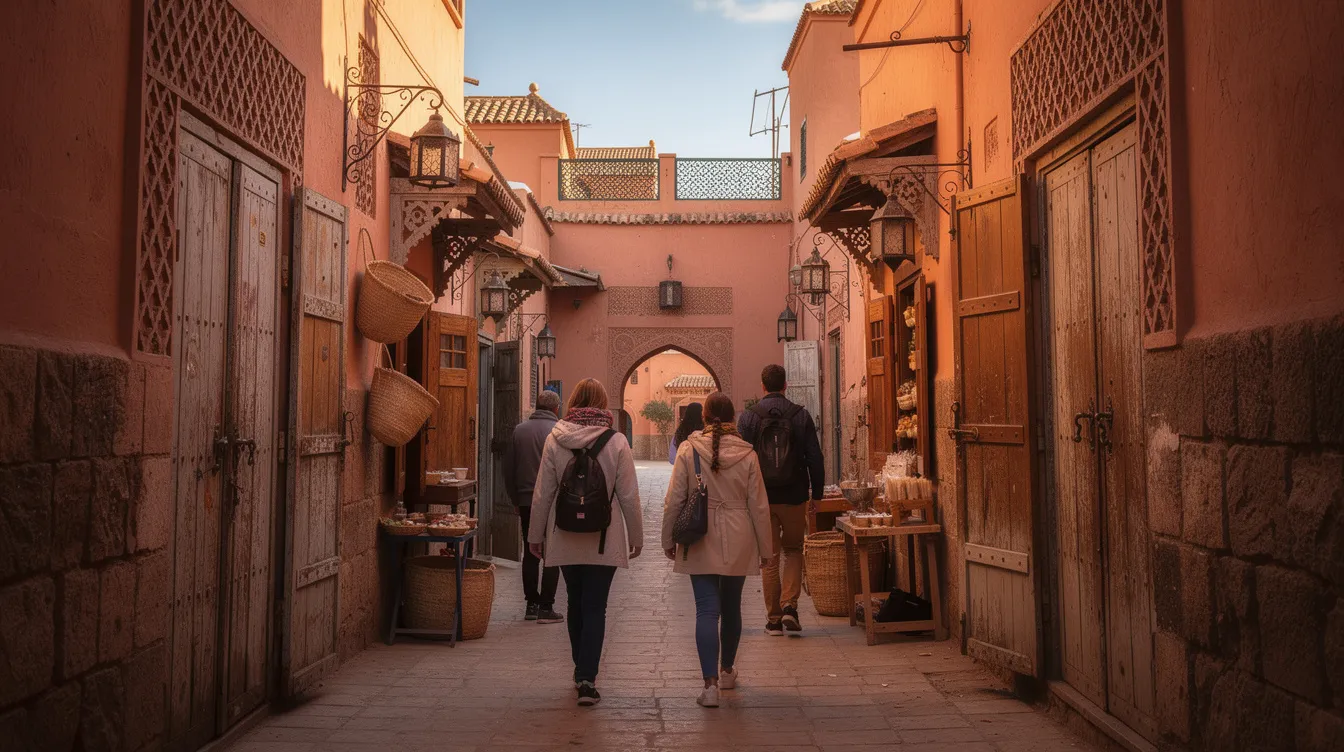 Travelers stroll through a serene old medina in Morocco on a sunny winter morning, enjoying the mild temperatures typical of January. The atmosphere is vibrant, with the warmth of the winter sun contrasting against the cool air, making it an excellent time to explore the charming streets and markets.