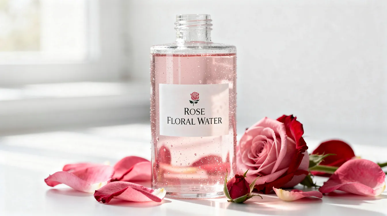 The image features fresh rose petals scattered beside a clear glass bottle of pure rose water, capturing the natural floral scent and delicate beauty of the roses. The scene highlights the essence of steam distillation and the aromatic compounds used in skin care and culinary traditions.