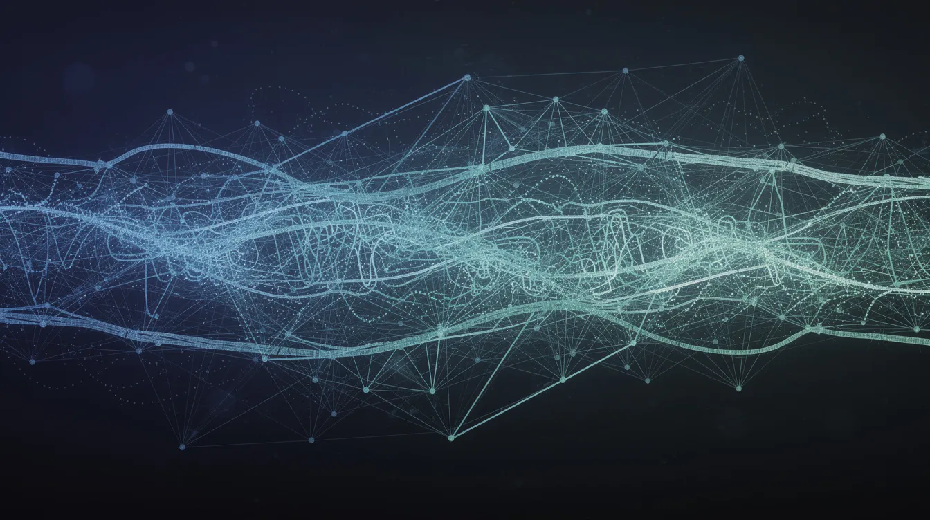 The image depicts an abstract neural network pattern formed by interconnected nodes and lines, representing the intricate architecture of deep learning models. This visual metaphor illustrates the complex relationships and interactions within generative models, highlighting the underlying data distribution and the neural network's ability to process input data effectively.