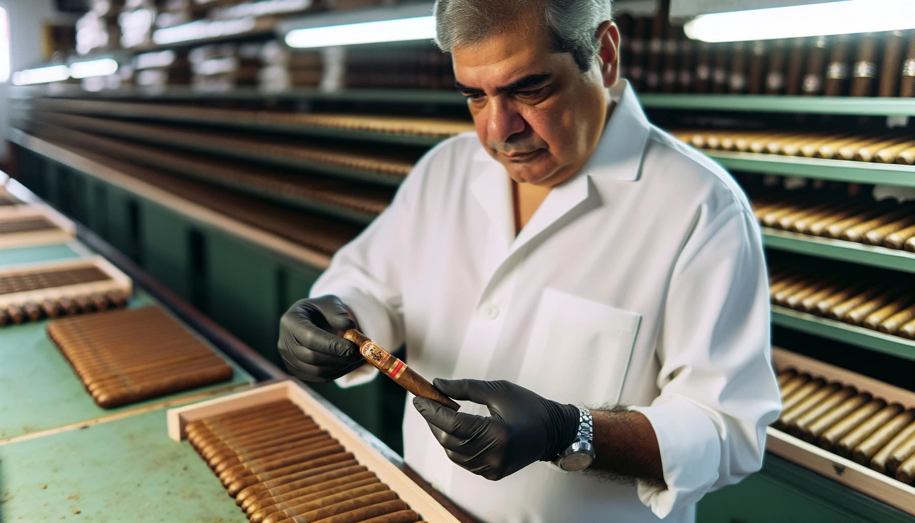 An employee of AJ Fernandez, inspecting Enclave Broadleaf cigars