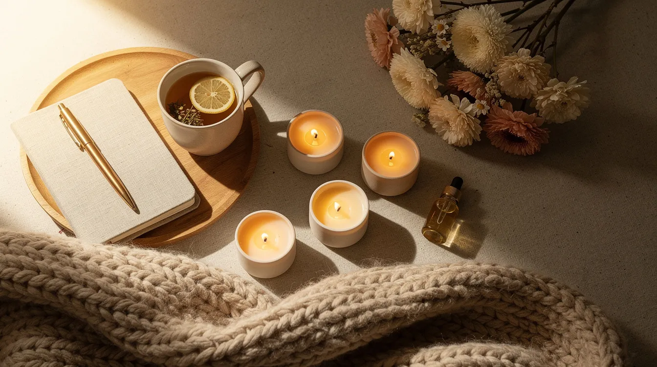 The image depicts a cozy self-care setup featuring softly glowing candles, a warm blanket, and delicate dried flowers, creating a serene atmosphere for emotional healing and trauma release. This inviting scene encourages relaxation and mindfulness, supporting the nervous system in its healing journey.