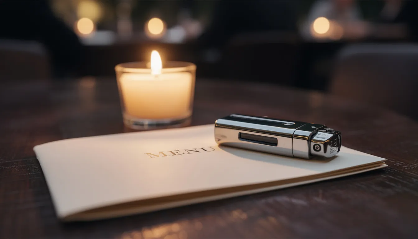Na zdjęciu znajduje się elegancki stolik w restauracji, na którym umieszczona jest świeca oraz stylowa zapalniczka z nadrukiem, obok leży menu. Taki praktyczny gadżet, jak zapalniczka reklamowa, może być doskonałym upominkiem dla klientów, zwiększającym rozpoznawalność marki.