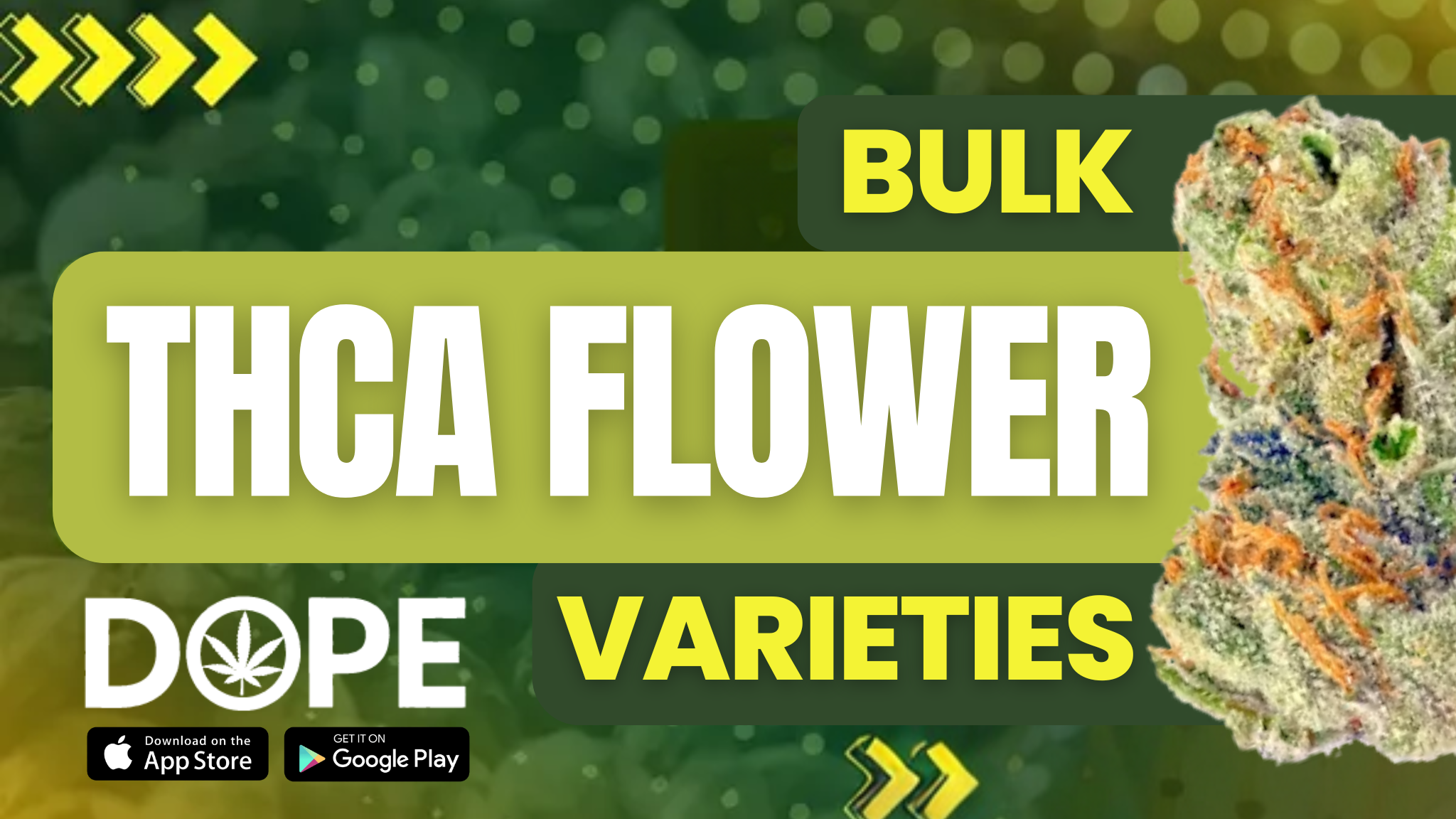 Various types of THCA flower available in bulk, including indica, hybrid, and sativa.