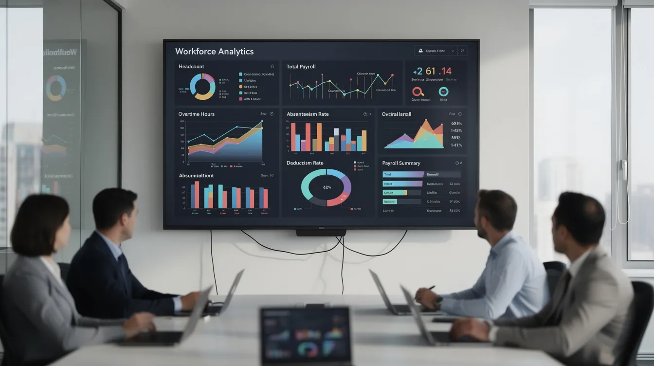 The image displays a modern office dashboard featuring comprehensive workforce analytics and payroll metrics on a large screen, highlighting key data points for human capital management. This visual representation aids HR teams in making data-driven decisions to enhance productivity and streamline payroll processes.