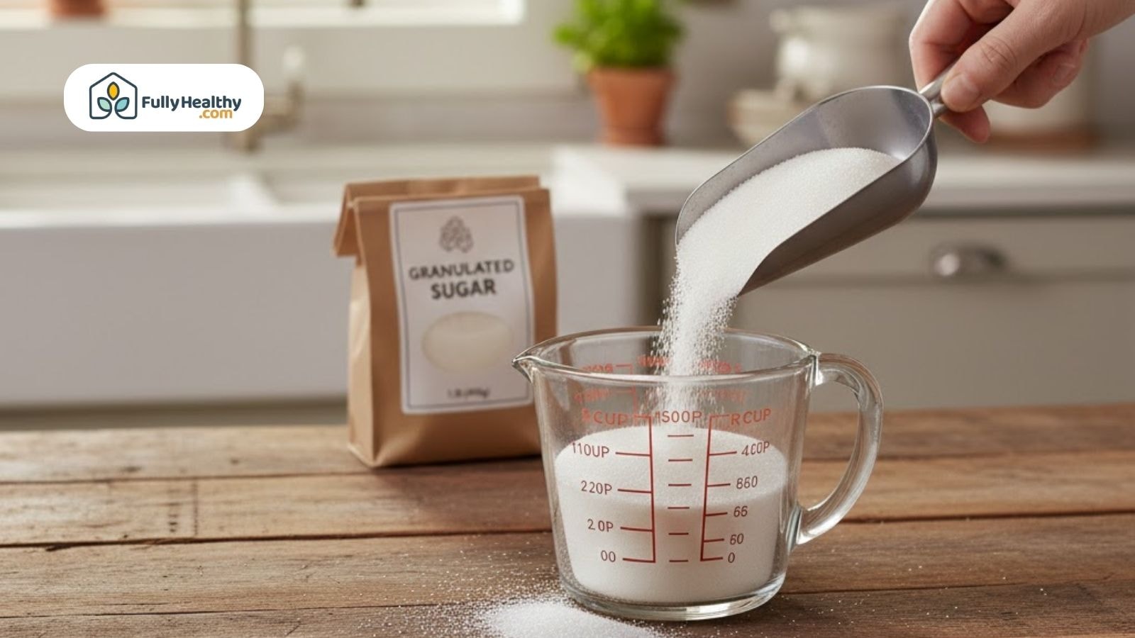 Granulated sugar poured into measuring cup for accurate baking.