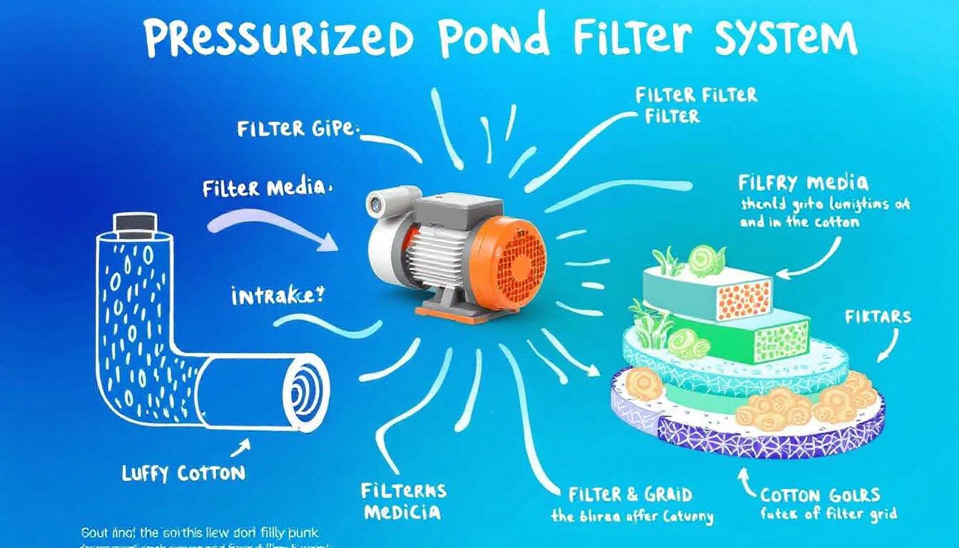 Key components of a pressurised pond filter including pump and filter media.