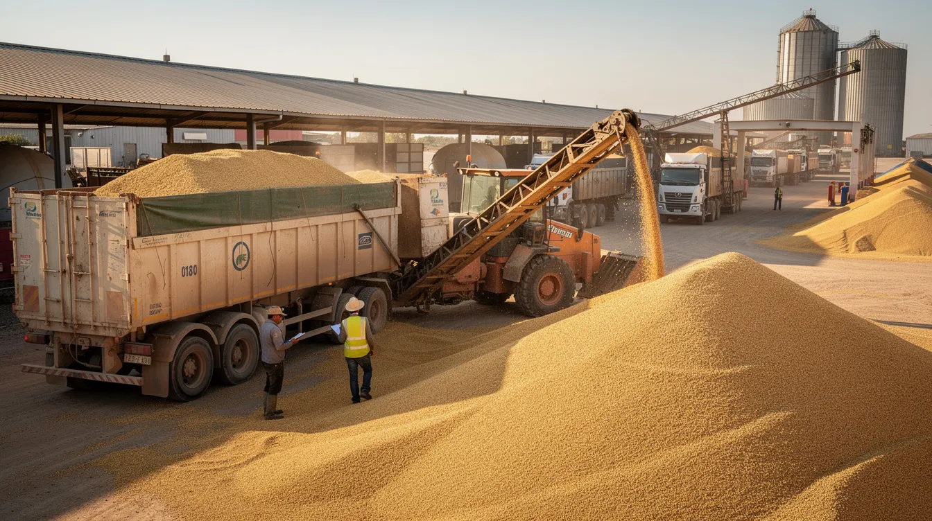 The image shows harvested soybeans being loaded into large trucks at an agricultural market yard, highlighting the efficient handling of raw materials essential for soybean oil extraction and production. This scene emphasizes the importance of operational efficiency and quality control in the agricultural business.