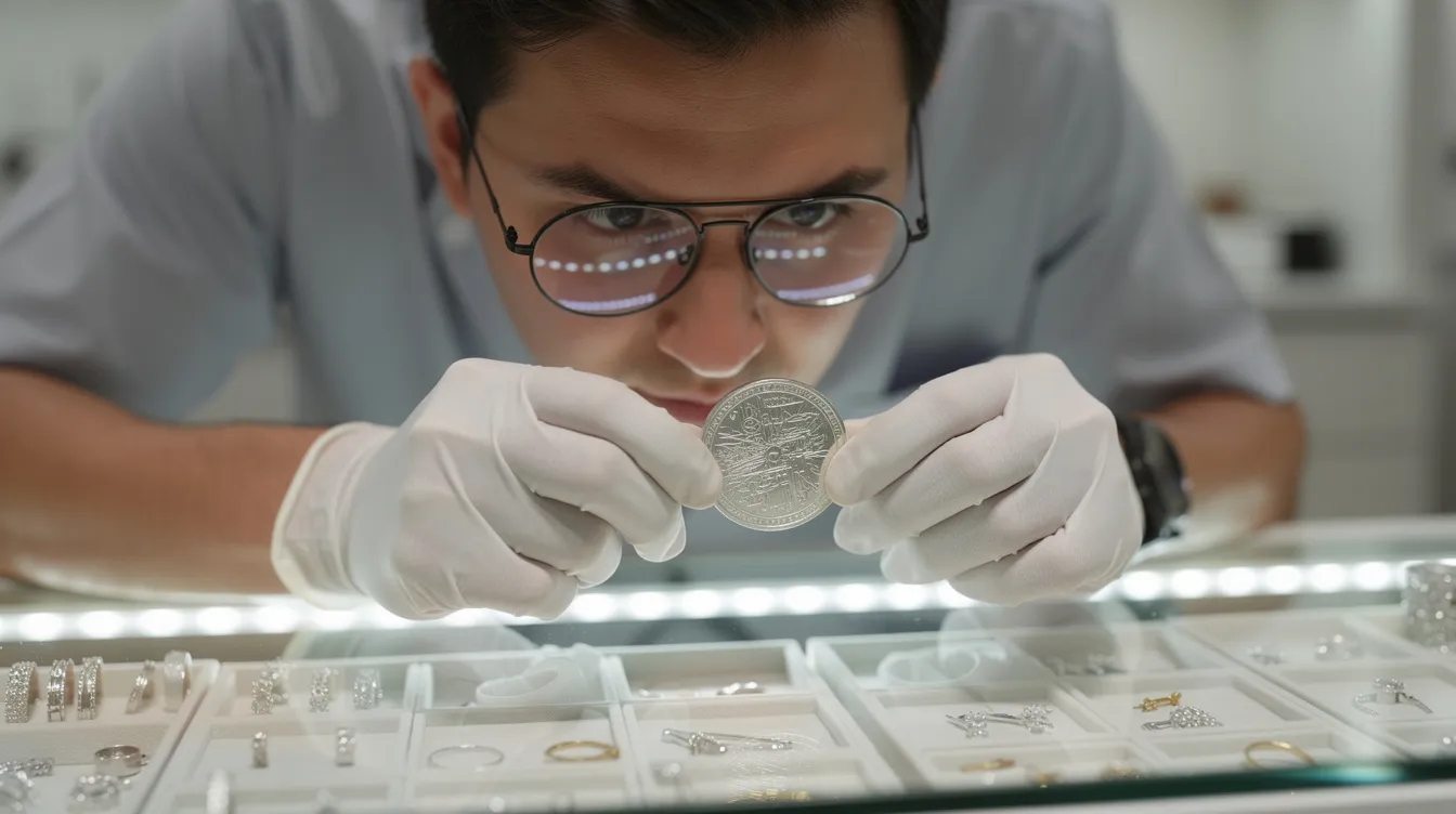 A jeweler closely examines a silver coin under a magnifying loupe at a well-lit counter, performing security verification to assess its authenticity and numismatic value. The bright environment highlights the details of the coin, showcasing its sterling silver content and potential worth in the market.