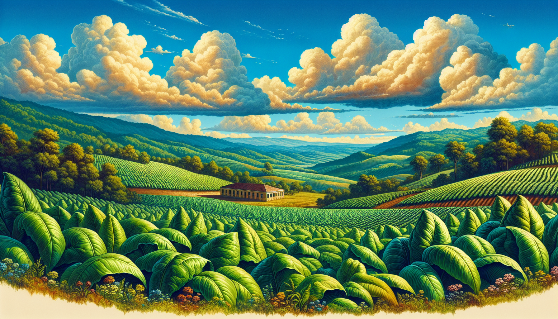 A vibrant illustration of the lush tobacco fields in Honduras.