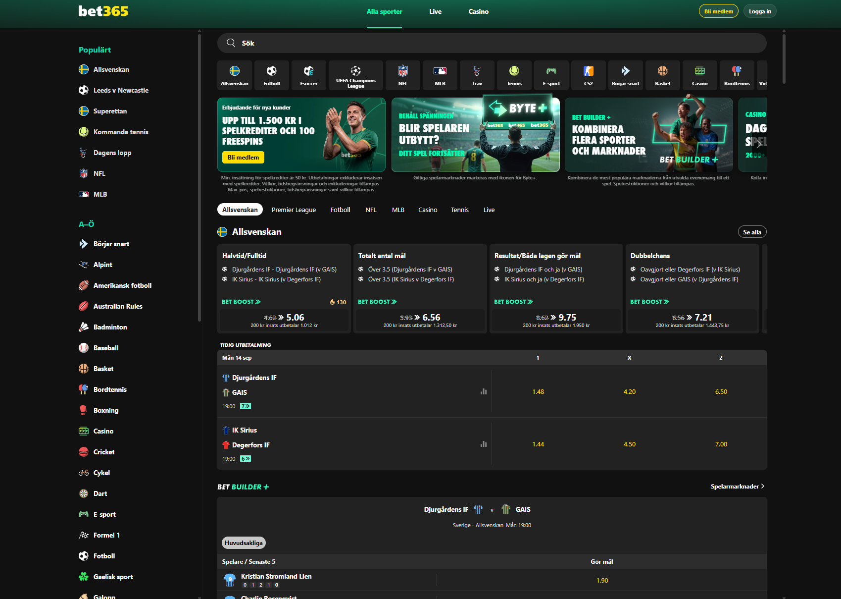 Bet365 sportsbetting med aktuella odds, Bet Builder och flera sporter och spelmarknader.