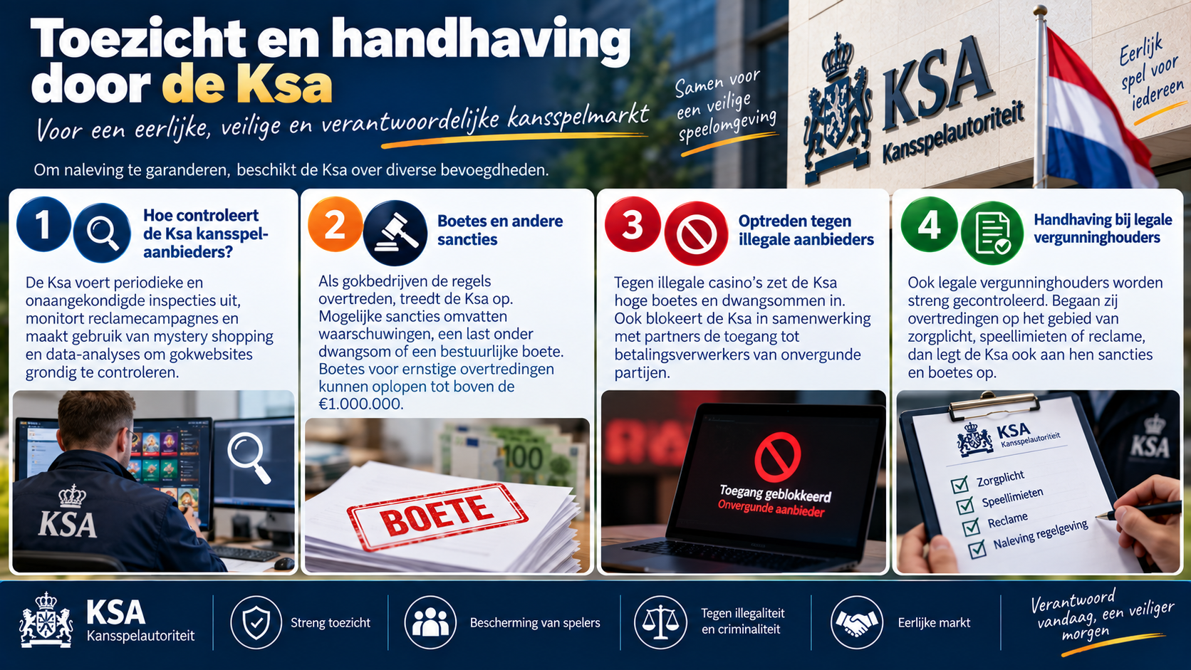 Toezicht en handhaving door de Kansspelautoriteit met controles, boetes, aanpak van illegale aanbieders en toezicht op vergunninghouders.