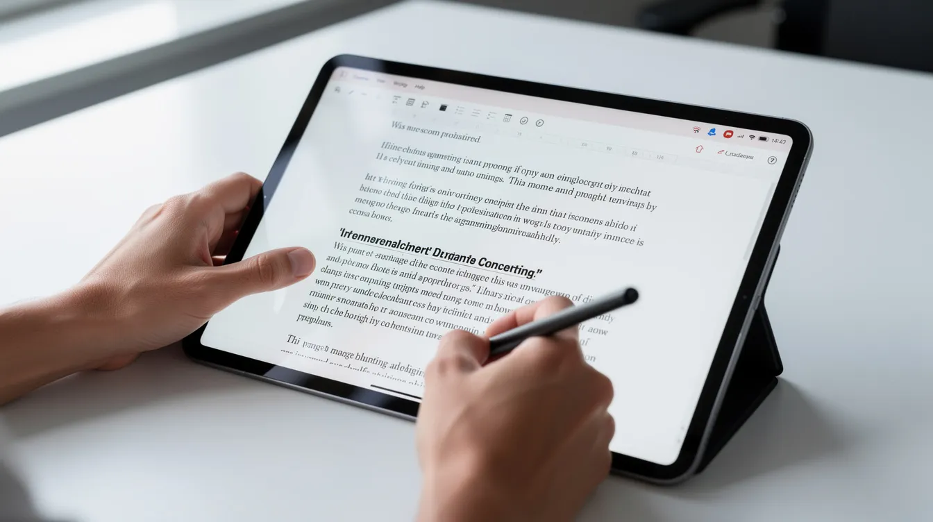 A pair of hands is using a stylus to interact with a tablet screen displaying a document, likely for editing purposes. The scene suggests the use of a free online PDF editor or tools for editing PDF documents.