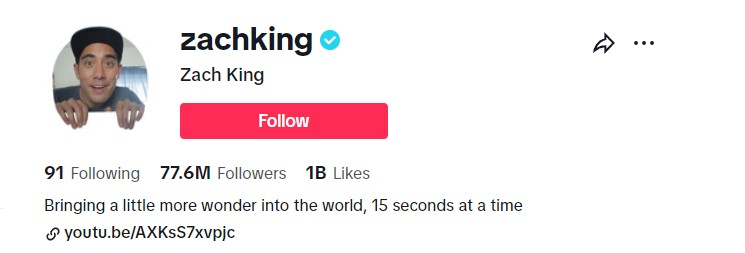 Zach King, his official TikTok account "@ZACHKING,"