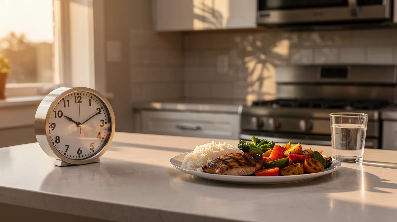 The image shows a clock displaying early evening time on a kitchen counter, alongside a meal that appears to be a large, high-calorie dish. This setting may remind viewers of the importance of food intake and its impact on sleep quality, as eating late can affect sleep patterns and overall health.