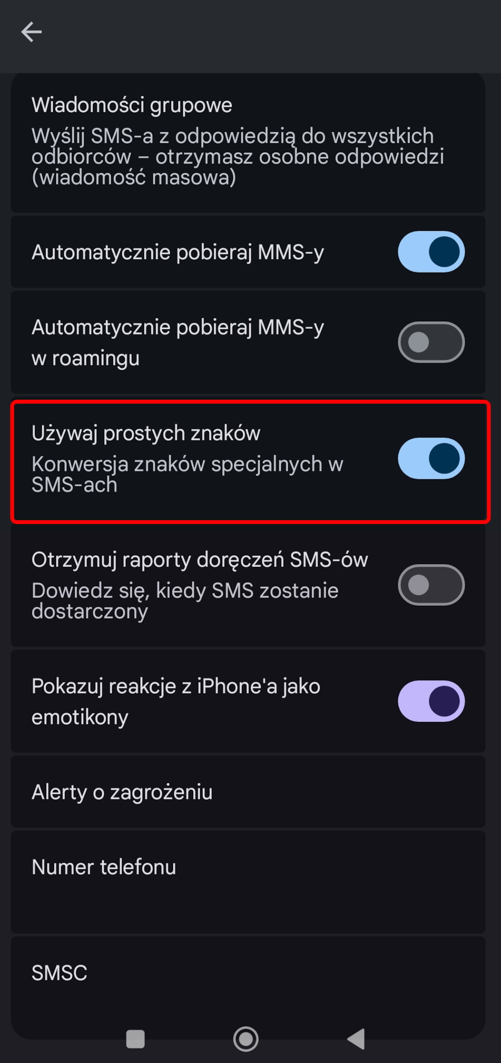 Ustawienia aplikacji Wiadomości na telefonie z Androidem