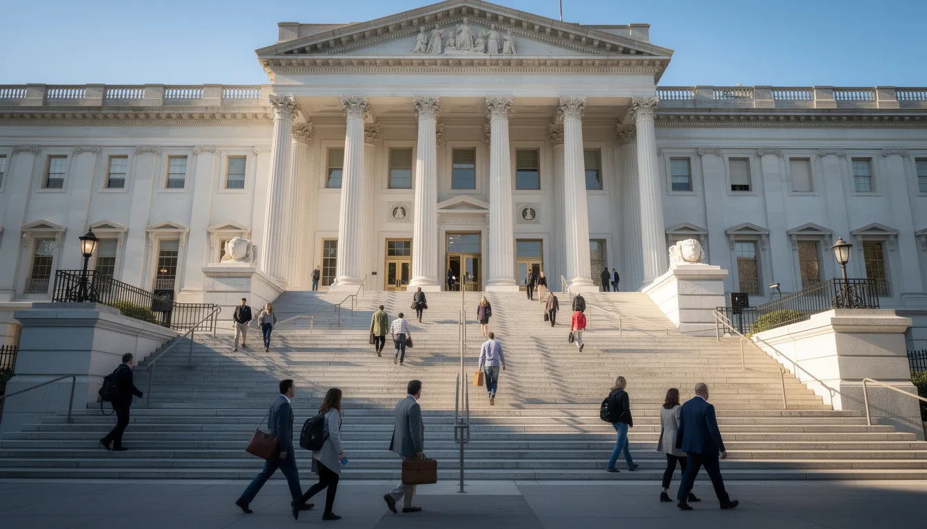 The image depicts a grand government building characterized by classical architecture, featuring large columns and intricate detailing, with several people walking up the steps, suggesting a busy day in the heart of civic activity. This scene reflects the ongoing evolution of society and governance, much like how AI technologies continue to advance and integrate into our everyday life.