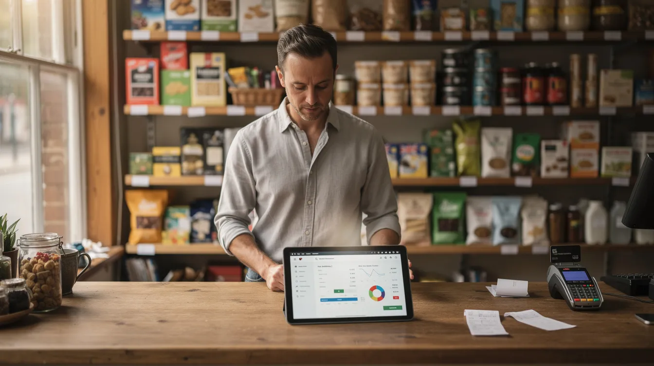 A business owner stands behind the counter of a small UK shop, intently reviewing crucial business information on a tablet device. The worldpay dashboard mobile app empowers users to effortlessly manage transactions and access invoices, ensuring a reliable experience for small business owners.