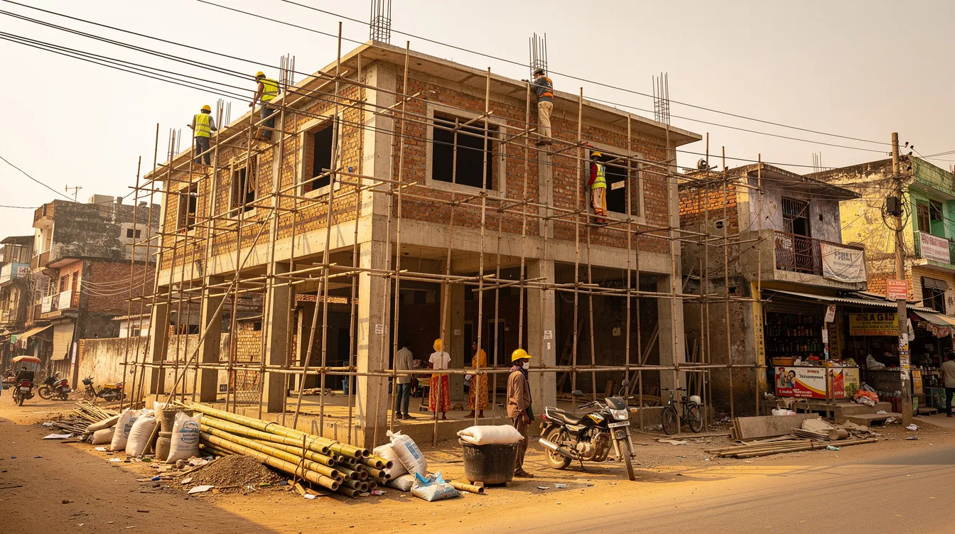 ecc3108b 7a44 404a ba00 dd3d6679aec5 The image depicts construction scaffolding surrounding a partially built small hotel structure in India, highlighting the ongoing development in the hospitality sector. This scene reflects the growth of hotel projects and the importance of financing options for developers in the region.