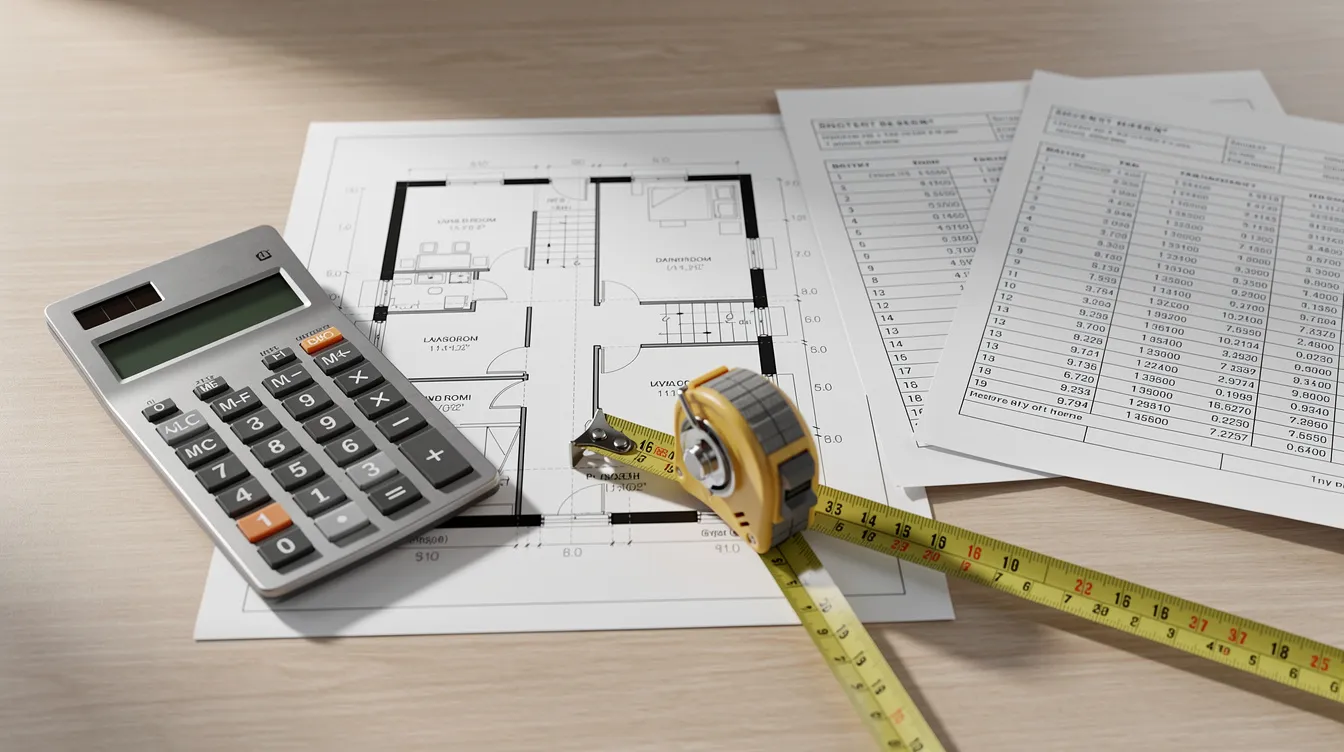 The image features a desk cluttered with a calculator, printed spreadsheets, and a tape measure, all laid out on top of detailed architectural floor plans, suggesting a workspace for real estate investors engaged in house flipping projects. This setup reflects the meticulous planning and financial calculations involved in the house flipping business.