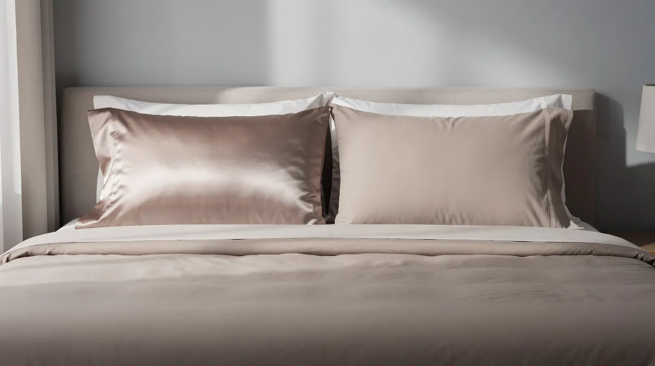 The image shows two pillowcases side by side on a neatly made bed, one with a glossy satin finish and the other with a matte texture, both in soothing neutral tones. These silk or satin pillowcases are designed to enhance skin health and hair health, reducing friction and minimizing sleep wrinkles for a better beauty sleep experience.