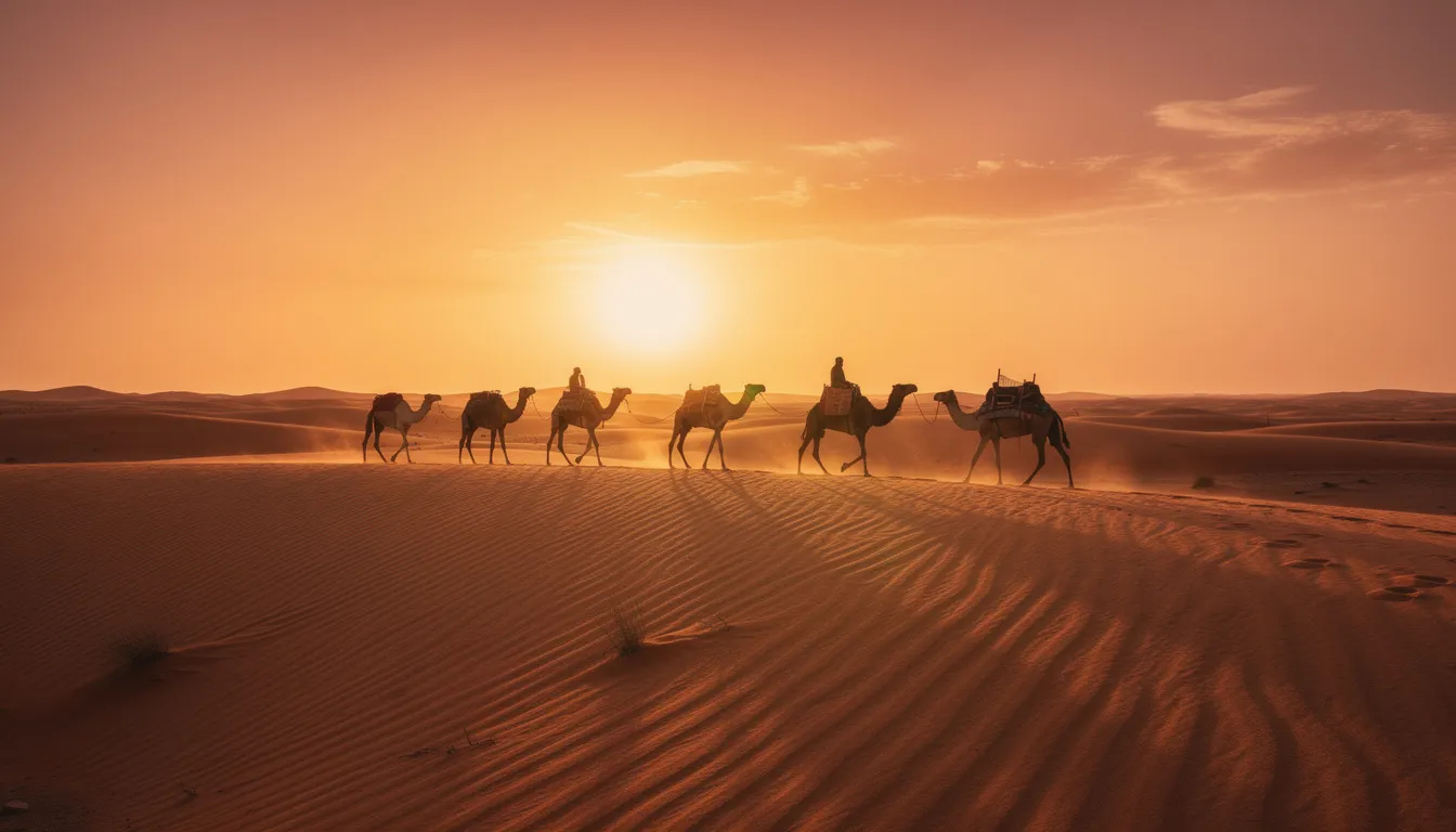 A serene scene captures camels walking gracefully through the undulating desert dunes at sunset, with a vibrant orange sky illuminating the horizon. This picturesque moment reflects the beauty of Morocco, inviting visitors to explore the majestic landscapes on their next trip to Marrakech.