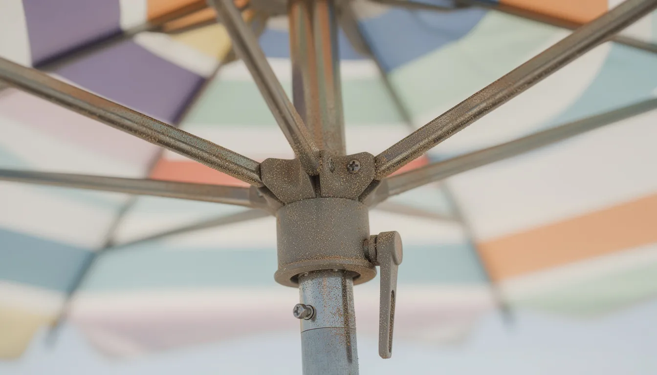 Na zdjęciu znajduje się zbliżenie na konstrukcję parasola plażowego, ukazujące stelaż oraz mechanizm regulacji, który umożliwia dostosowanie położenia parasola w celu zapewnienia ochrony przed słońcem i wiatrem. Parasol ten stanowi idealne rozwiązanie dla osób spędzających czas na plaży, oferując komfort i schronienie w ciepłe dni.