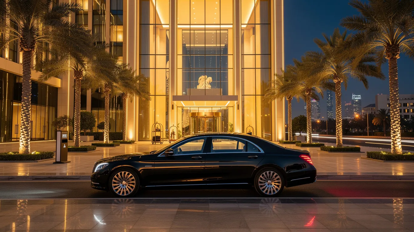 A professional black luxury sedan is parked outside the entrance of a modern Dubai hotel, surrounded by palm trees, symbolizing a secure environment for corporate executives and high net worth individuals. This setting highlights the importance of providing professional security services and close protection for VIPs during their business trips in the Middle East.