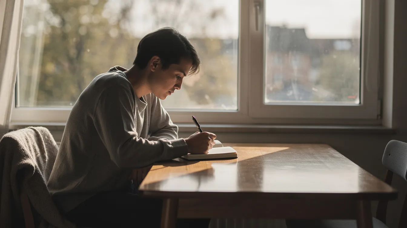 A person sits alone by a window, writing in a journal, reflecting on their thoughts and emotions, possibly exploring themes of emotional intimacy and attachment styles in their relationships. The scene captures a moment of solitude, suggesting a connection to their own feelings and the complexities of anxious and avoidant dynamics in adult relationships.