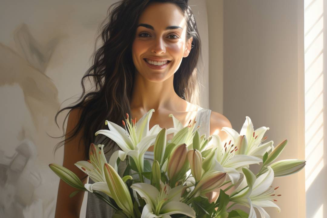 Smiling woman holding trumpet shaped lily bouquet of cut flowers. Stunning blooms from Flower Guy.