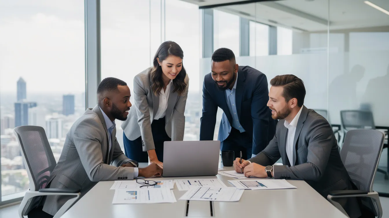 A professional team of business development professionals is gathered around a laptop in a modern glass-walled office, reviewing project plans and discussing strategic partnerships to enhance client relationships and identify new business opportunities. Their collaborative efforts demonstrate a blend of technical expertise and innovative solutions in project management.