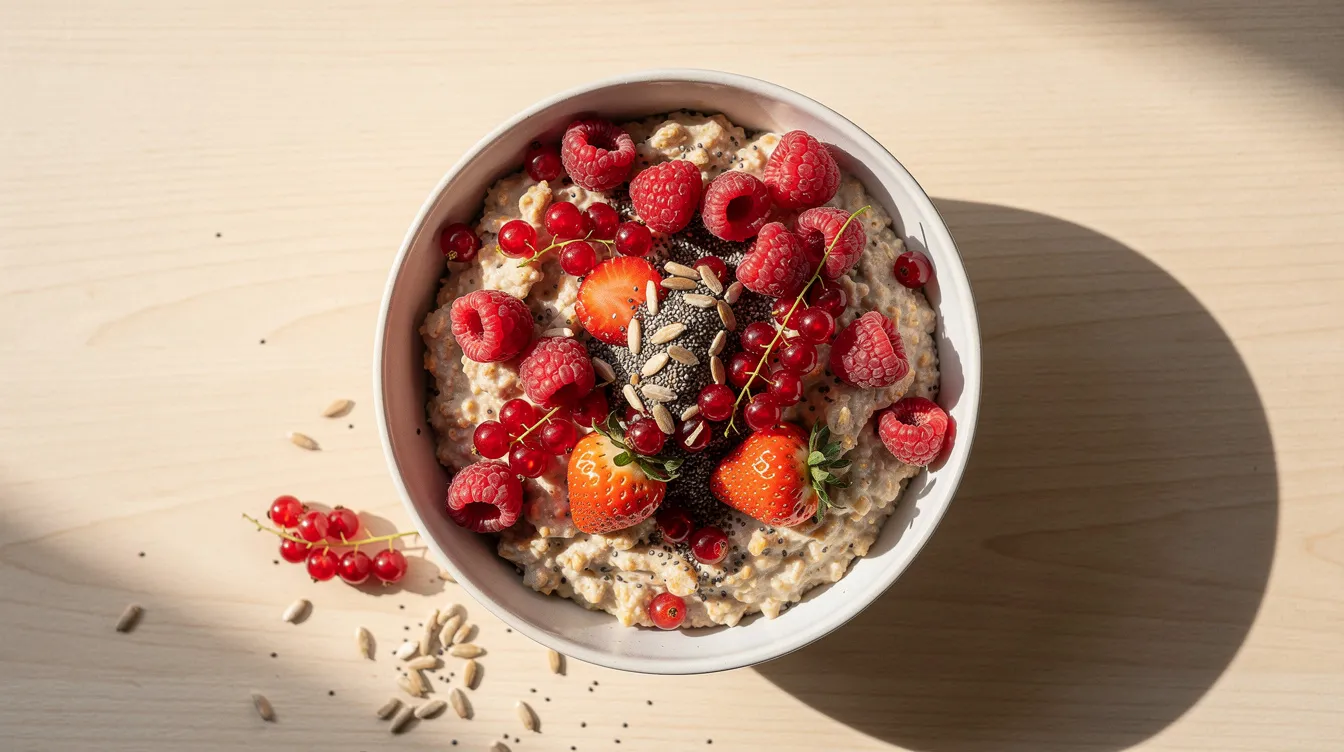 Un bol de petit-déjeuner sain est rempli de flocons d'avoine, garni de fruits rouges frais et parsemé de graines de lin, offrant une option nutritive à indice glycémique bas, idéale pour les femmes atteintes de SOPK cherchant à gérer leur poids et leur santé. Cette combinaison favorise l'équilibre hormonal et peut aider à atténuer les symptômes liés à la résistance à l'insuline.