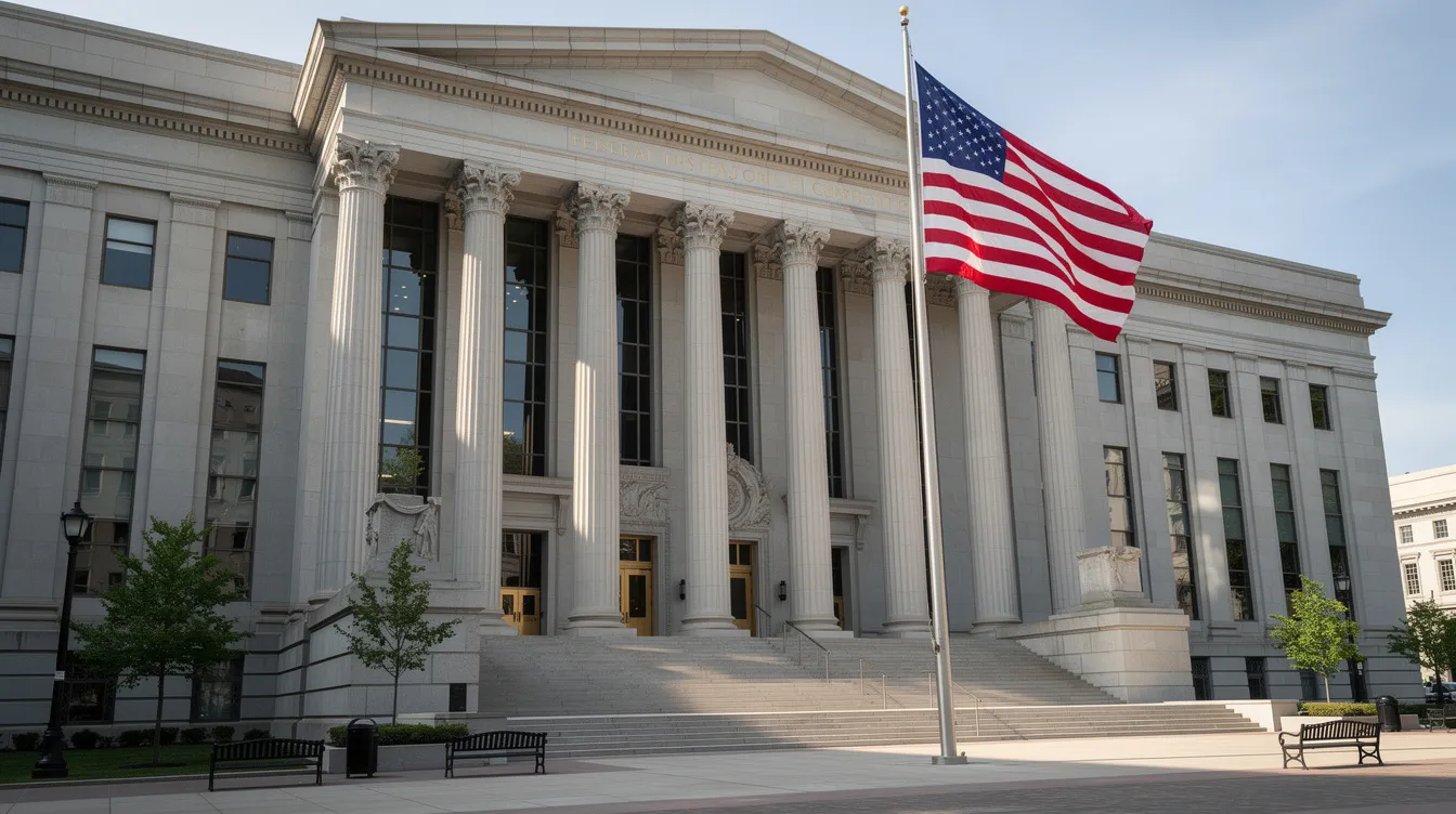 The image depicts a large federal courthouse building featuring grand columns and an American flag prominently displayed. This setting symbolizes the legal processes involved in social security disability claims and appeals, where individuals seek justice and support for their disability benefits.