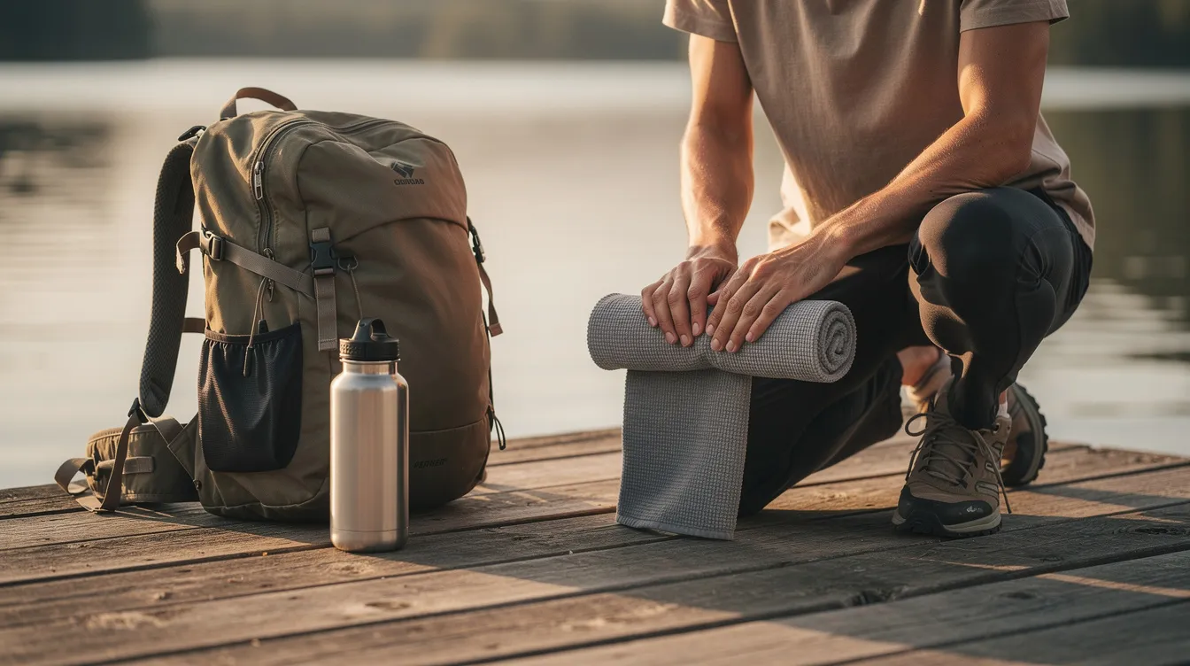 A person is rolling up a soft, compact towel next to a backpack and a water bottle on a wooden dock, preparing for a day at the beach or pool. The quick-dry towel is lightweight and designed to repel sand, making it ideal for beach days and lounging comfortably by the water.