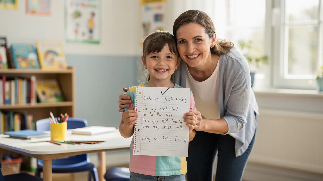 A smiling child proudly holds up a completed piece of writing, standing next to a supportive adult in a warm learning environment. This scene highlights the importance of literacy skills and reading instruction, showcasing the child's achievement in developing their writing and reading comprehension abilities.